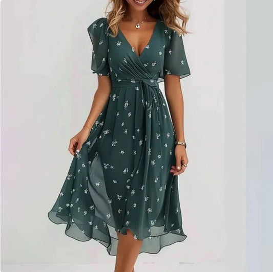 Floral Wrap Chiffon Dress | V-Neck | Flowy Short Sleeves