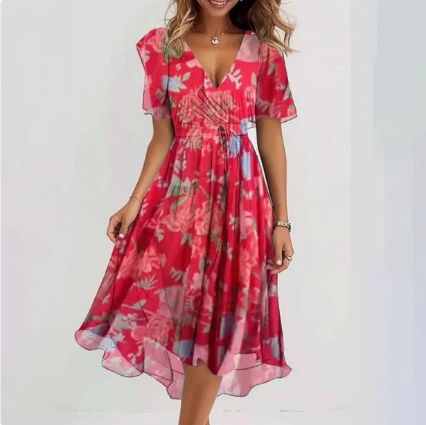 Floral Wrap Chiffon Dress | V-Neck | Flowy Short Sleeves
