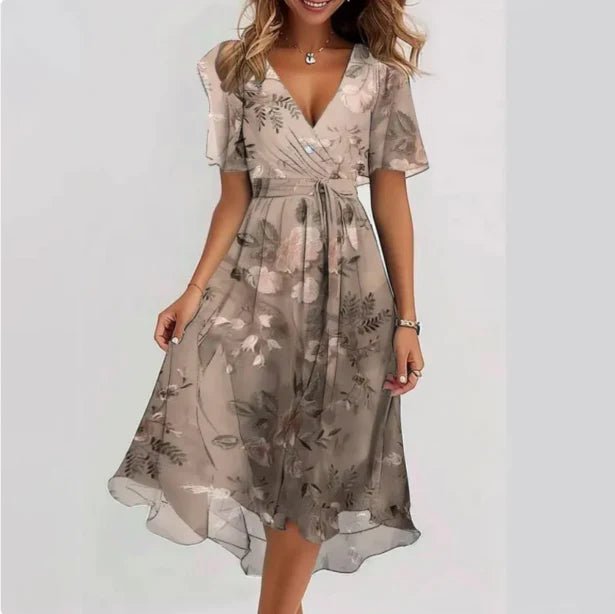 Floral Wrap Chiffon Dress | V-Neck | Flowy Short Sleeves