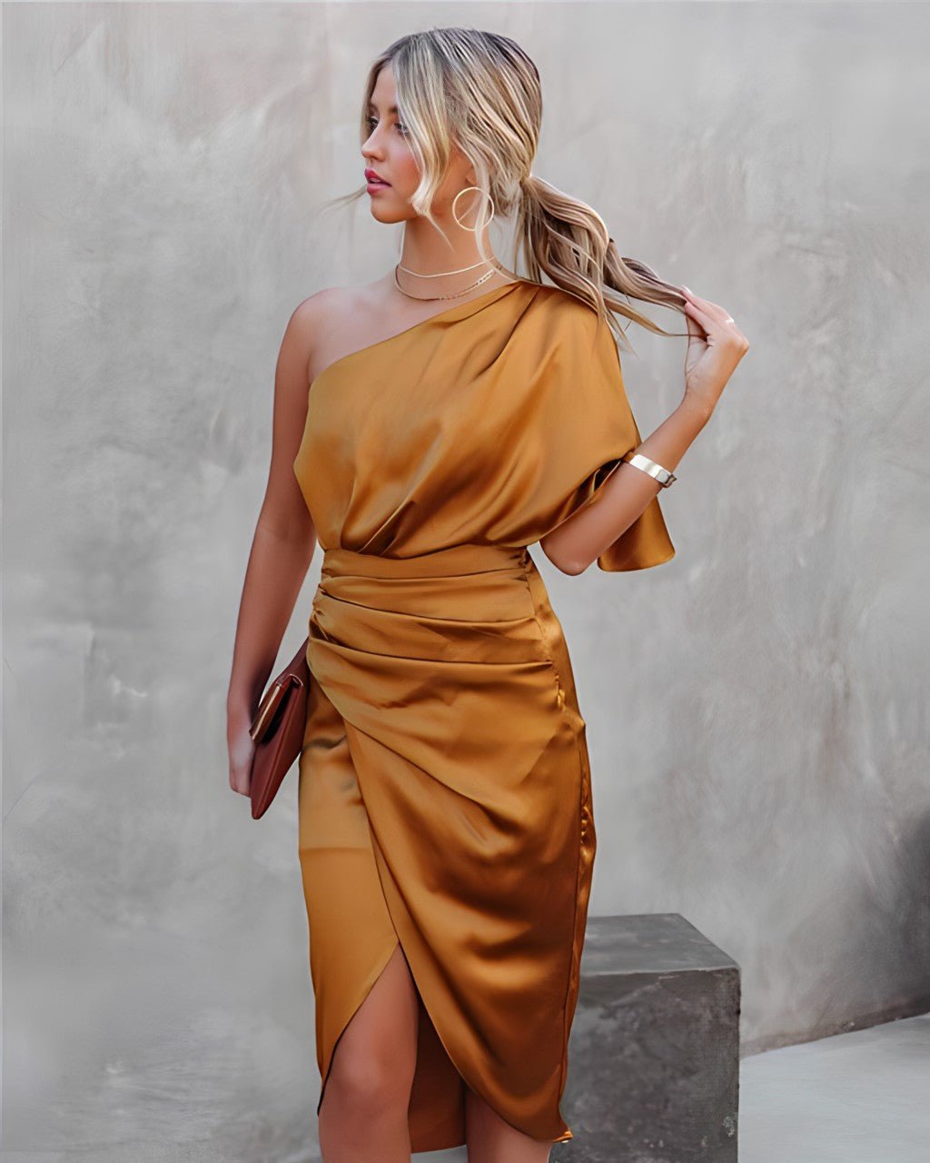One-Shoulder Satin Midi Dress | Draped Fit | Evening Cocktail Look