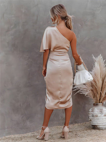 One-Shoulder Satin Midi Dress | Draped Fit | Evening Cocktail Look