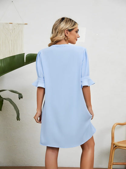 V-Neck Mini Shift Dress | Half Sleeve | Relaxed Silky Drape