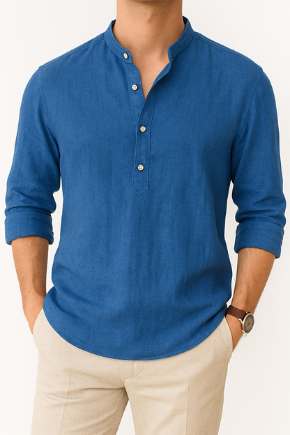 Men’s Linen-Blend Henley Shirt | Long-Sleeve Casual Pullover with Button Placket