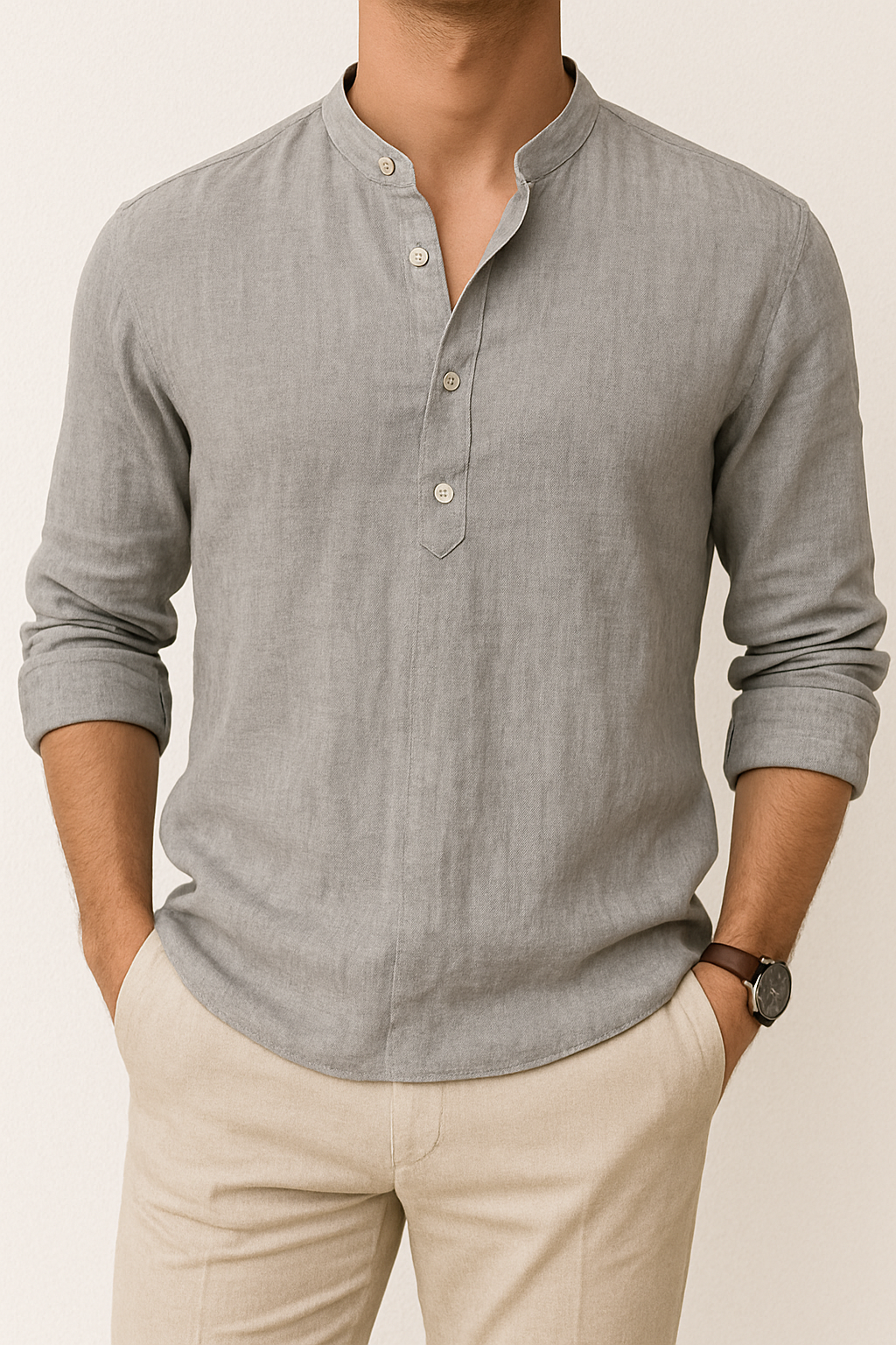 Men’s Linen-Blend Henley Shirt | Long-Sleeve Casual Pullover with Button Placket