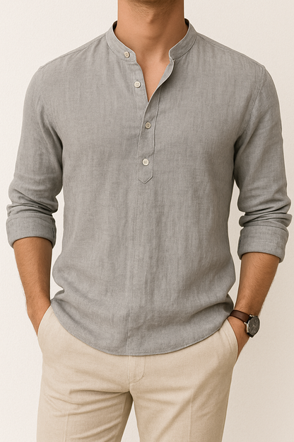 Men’s Linen-Blend Henley Shirt | Long-Sleeve Casual Pullover with Button Placket
