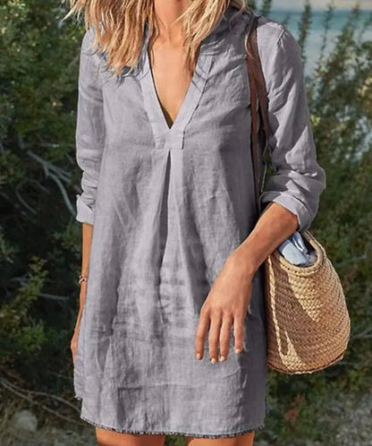 V-Neck Long Sleeve Linen Mini Dress | Lightweight Summer Essential