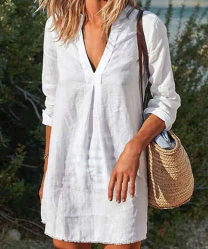 V-Neck Long Sleeve Linen Mini Dress | Lightweight Summer Essential