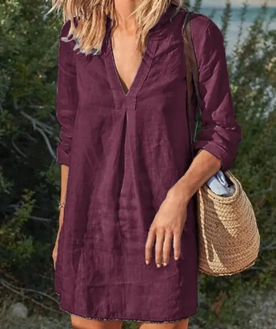 V-Neck Long Sleeve Linen Mini Dress | Lightweight Summer Essential