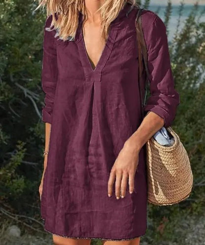 V-Neck Long Sleeve Linen Mini Dress | Lightweight Summer Essential