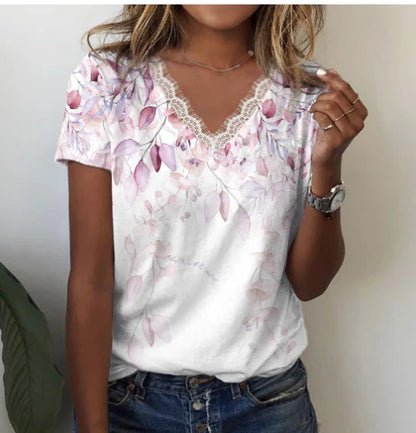 Lace V-Neck Floral Tee | Watercolour Wildflower Print | Casual Summer T-Shirt