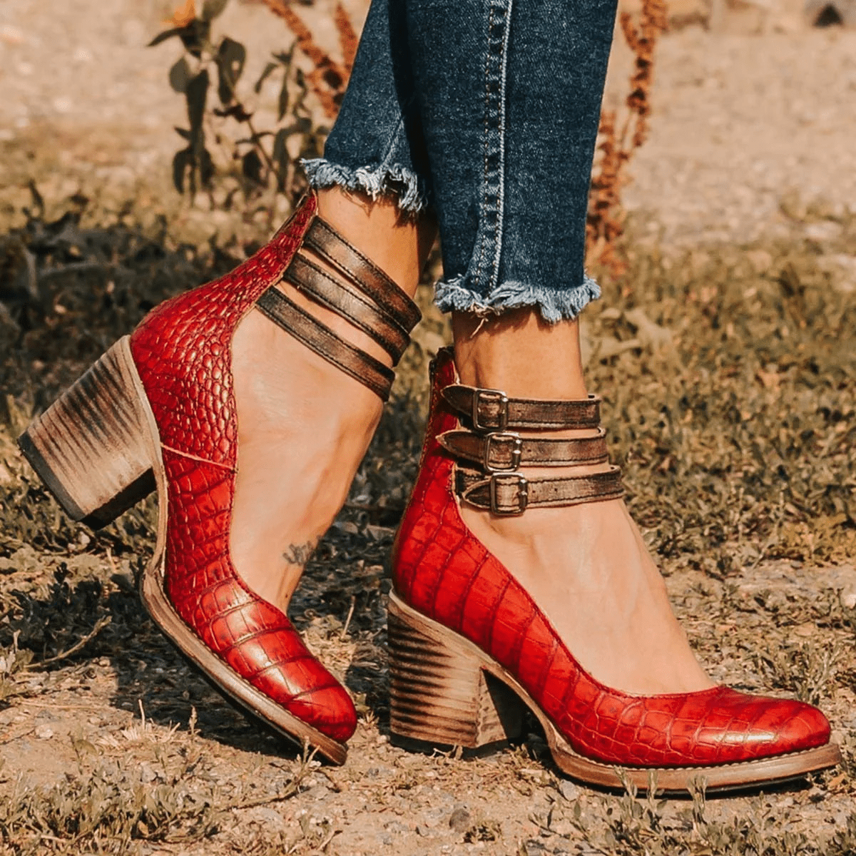 Vintage Block Heel Sandals | Triple-Strap Ankle Buckle with Stacked Heel