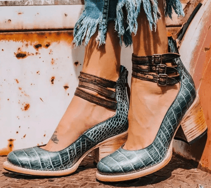 Vintage Block Heel Sandals | Triple-Strap Ankle Buckle with Stacked Heel