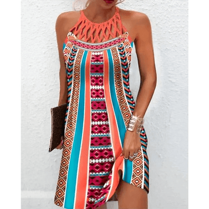 Tribal Print Sleeveless Dress | Strappy Neckline | Easy A-Line Fit