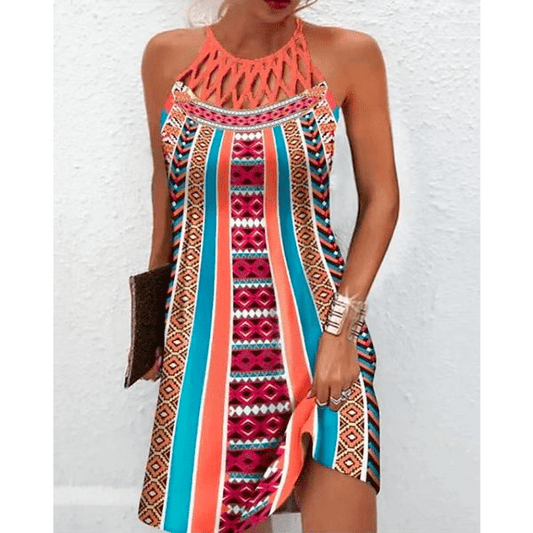Tribal Print Sleeveless Dress | Strappy Neckline | Easy A-Line Fit