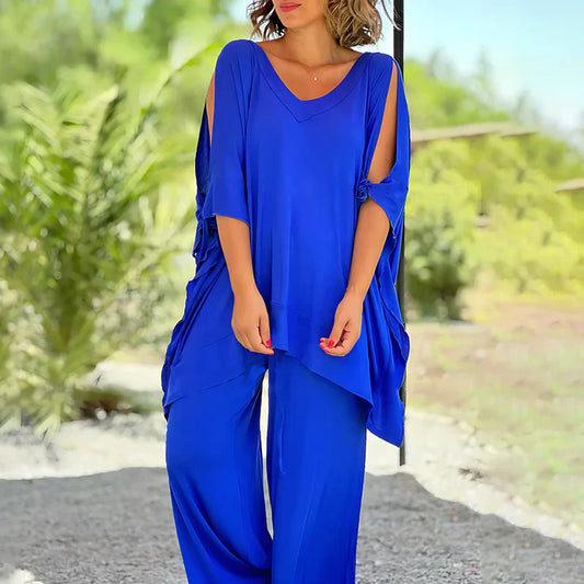 Wide-Leg Lounge Set | Flowy V-Neck Top & Relaxed Pants | Lightweight Two-Piece Outfit