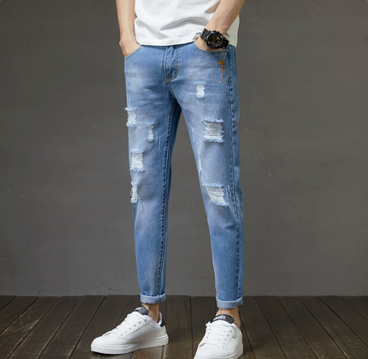 Men's Distressed Slim Fit Jeans | Light Wash Denim | Casual Ripped Jeans