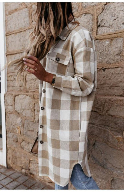 Long Plaid Shacket | Lightweight Warmth | Button-Up Style | Casual Layer