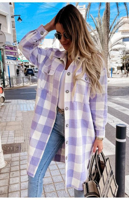 Long Plaid Shacket | Lightweight Warmth | Button-Up Style | Casual Layer