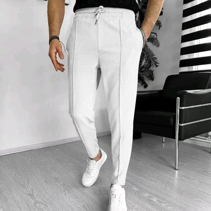 Men’s Slim Fit Drawstring Trousers | Textured Woven Pants | Smart-Casual Lightweight Bottoms