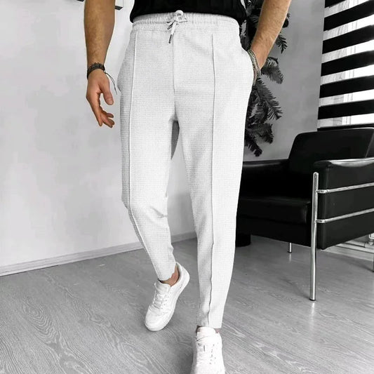 Men’s Slim Fit Drawstring Trousers | Textured Woven Pants | Smart-Casual Lightweight Bottoms