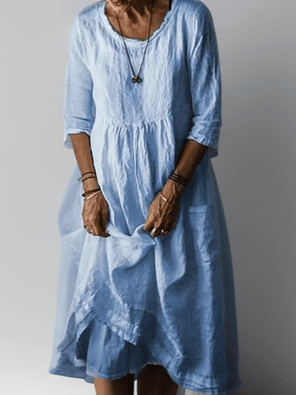 Relaxed Linen-Blend Midi Dress | Layered Hem with 3/4 Sleeves and Soft Drape