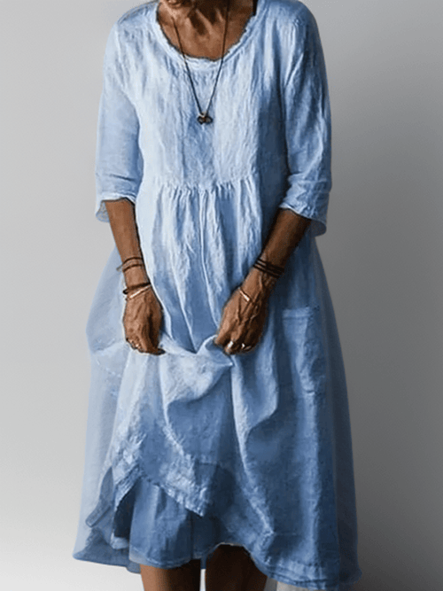 Relaxed Linen-Blend Midi Dress | Layered Hem with 3/4 Sleeves and Soft Drape