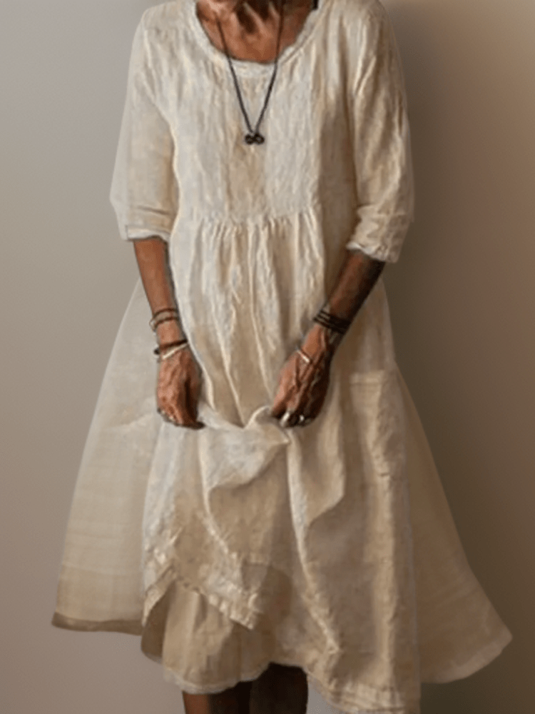 Relaxed Linen-Blend Midi Dress | Layered Hem with 3/4 Sleeves and Soft Drape