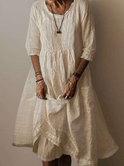 Relaxed Linen-Blend Midi Dress | Layered Hem with 3/4 Sleeves and Soft Drape