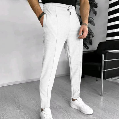 Men’s Slim Fit Drawstring Trousers | Textured Woven Pants | Smart-Casual Lightweight Bottoms