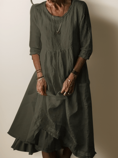 Relaxed Linen-Blend Midi Dress | Layered Hem with 3/4 Sleeves and Soft Drape