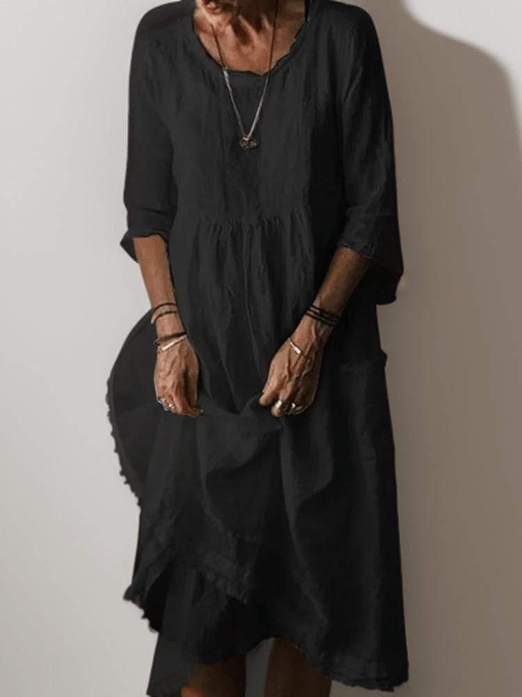 Relaxed Linen-Blend Midi Dress | Layered Hem with 3/4 Sleeves and Soft Drape
