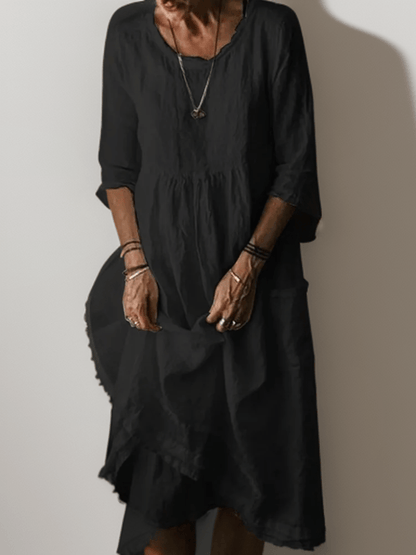Relaxed Linen-Blend Midi Dress | Layered Hem with 3/4 Sleeves and Soft Drape