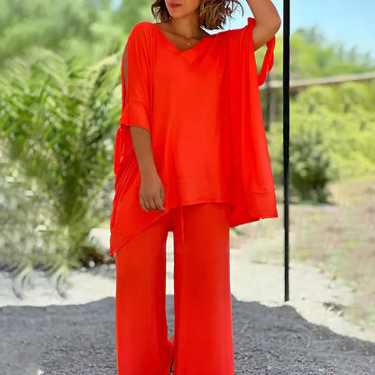 Wide-Leg Lounge Set | Flowy V-Neck Top & Relaxed Pants | Lightweight Two-Piece Outfit
