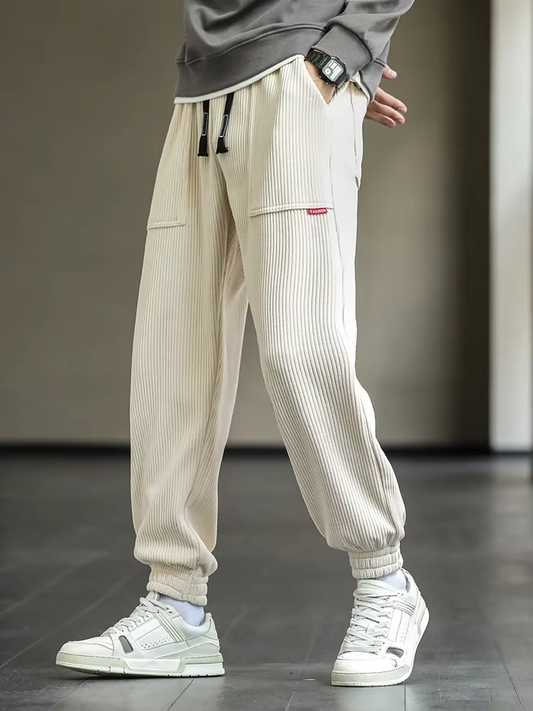 Men's Striped Jogger Pants | Drawstring Waist with Embroidered Detail | Casual Streetwear Bottoms
