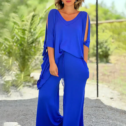 Wide-Leg Lounge Set | Flowy V-Neck Top & Relaxed Pants | Lightweight Two-Piece Outfit