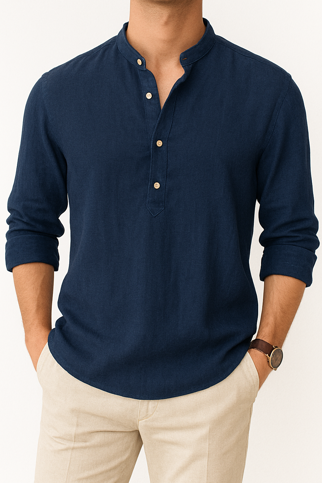 Men’s Linen-Blend Henley Shirt | Long-Sleeve Casual Pullover with Button Placket