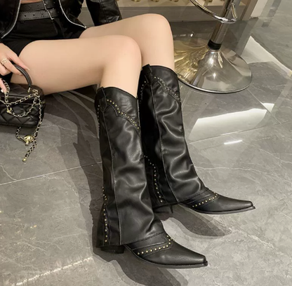 Western Knee-High Boots | Studded Trim Detail | Structured Pull-On Rodeo Style