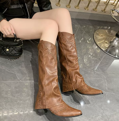 Western Knee-High Boots | Studded Trim Detail | Structured Pull-On Rodeo Style