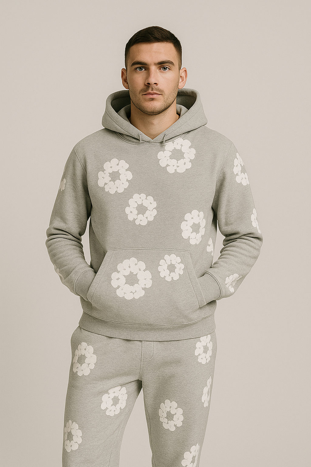 Unisex Daisy Print Tracksuit Set | Fleece Hoodie & Joggers in Soft Grey