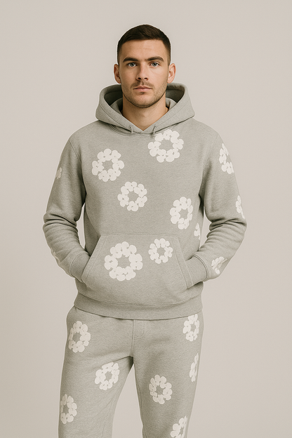 Unisex Daisy Print Tracksuit Set | Fleece Hoodie & Joggers in Soft Grey