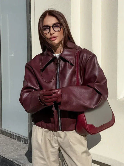 Oversized PU Leather Jacket | Rich Burgundy | Stylish Layering Piece | Winter to Spring Transition