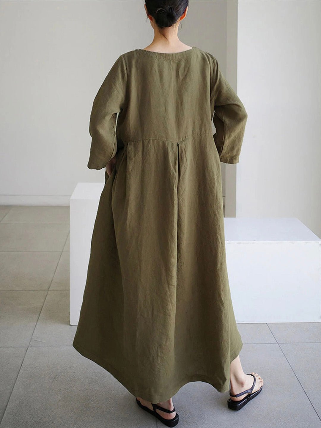 Relaxed Linen Midi Dress | Long Sleeve | Gathered Waist | Everyday Minimalist Style