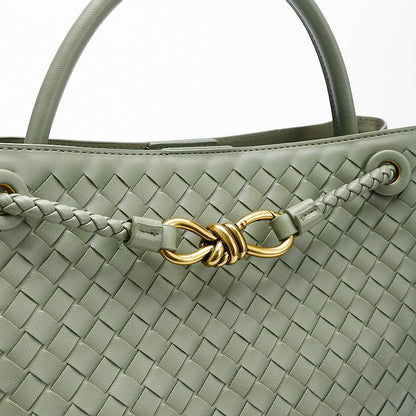 Woven Leather-Look Tote Bag | Gold Knot Detail | Structured Everyday Handbag