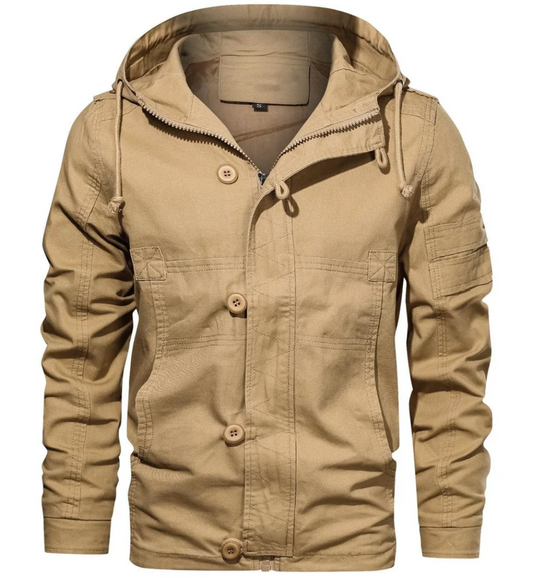 Men's Utility Cotton Jacket | Hooded Midweight Casual Coat | Button & Zip Closure