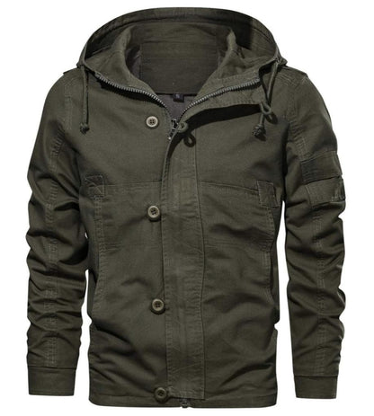 Men's Utility Cotton Jacket | Hooded Midweight Casual Coat | Button & Zip Closure