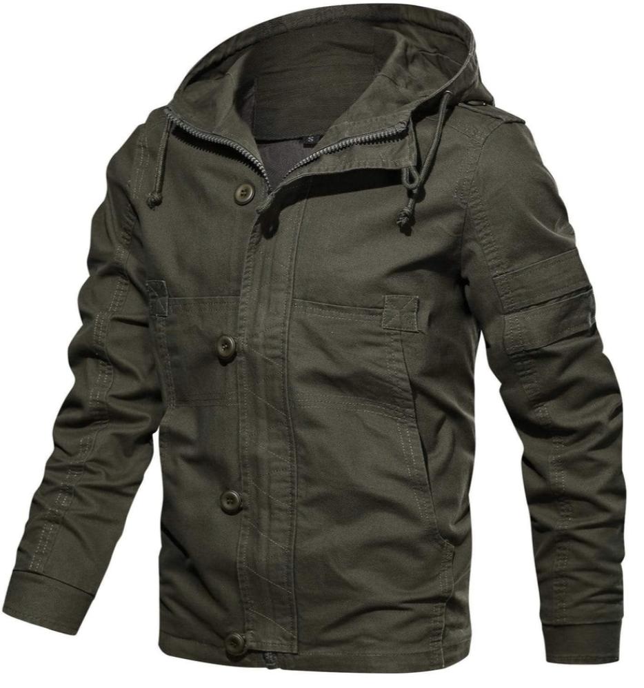 Men's Utility Cotton Jacket | Hooded Midweight Casual Coat | Button & Zip Closure