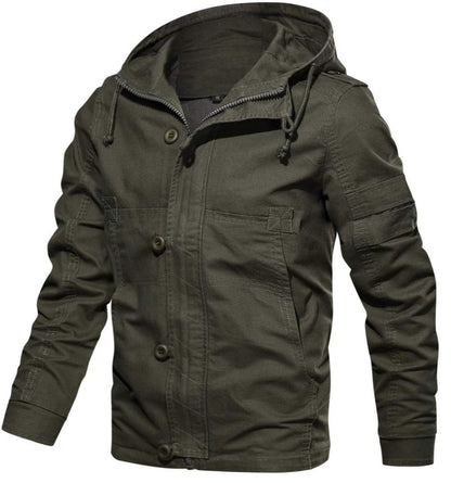 Men's Utility Cotton Jacket | Hooded Midweight Casual Coat | Button & Zip Closure