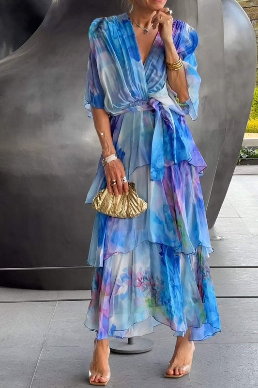 Watercolour Tiered Maxi Dress | Chiffon Layers | Self-Tie Waist