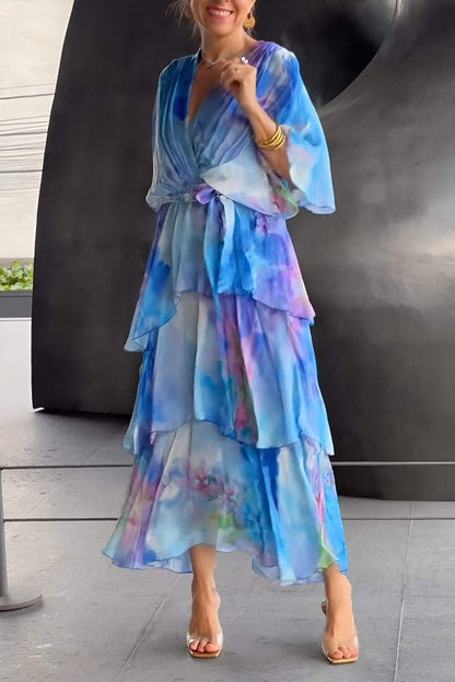 Watercolour Tiered Maxi Dress | Chiffon Layers | Self-Tie Waist