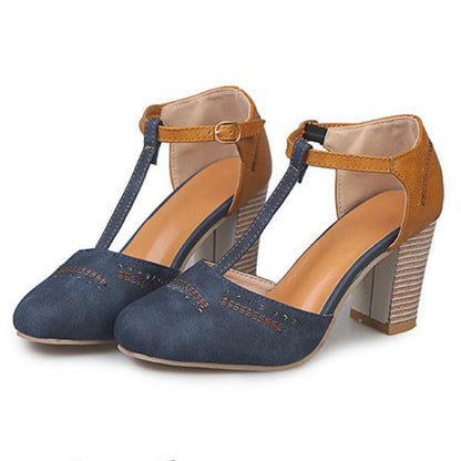 Two-Tone Retro Block Heels | T-Strap Design | Stacked Mid Heel